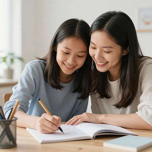 Photograph of two smiling Asian women with long black hair, wearing light blue and white shirts, writing and looking at an open book together at a wooden