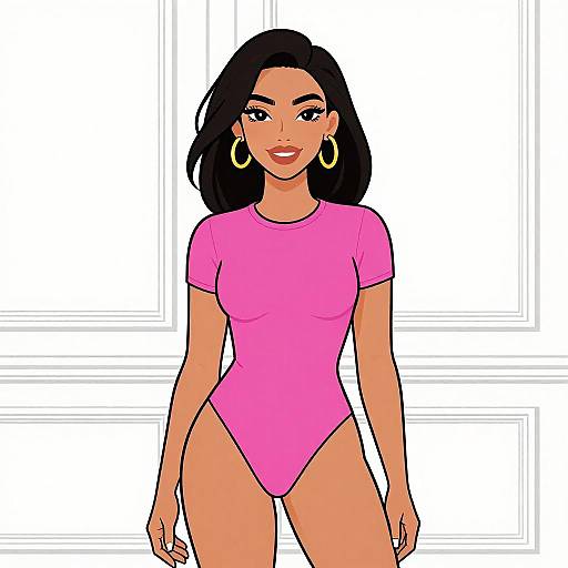 Digital drawing of a confident woman with dark hair, wearing a pink high-cut leotard, large gold hoop earrings, and red lipstick, standing against