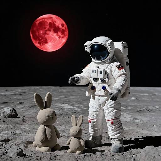 Astronaut and Clay Rabbits on Moon