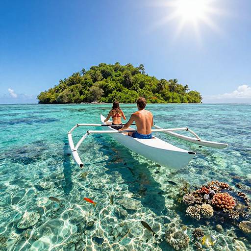 Photograph of a shirtless man and woman in a white outrigger boat, facing a lush, green island with clear, turquoise water and coral reefs