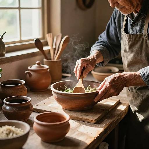 Elderly Person Cooking in Rustic Kitchen