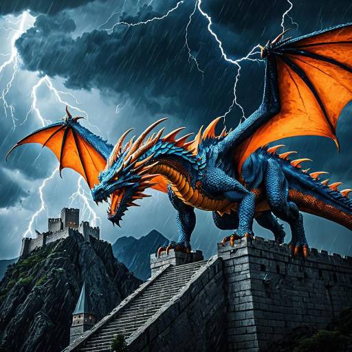 Blue and Orange Dragon on Fortress in Thunderstorm