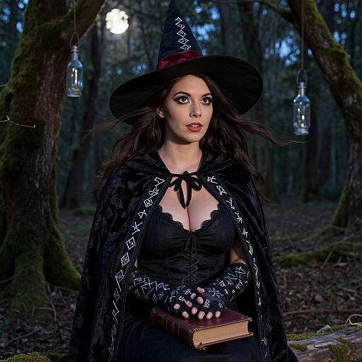 Photograph of a fair-skinned, dark-haired witch with large breasts, wearing a black lace dress, patterned cape, and hat, holding a