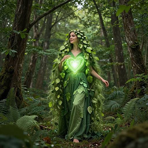 Photograph of a forest nymph with glowing green dress and leafy headdress, standing amidst lush ferns and tall trees.