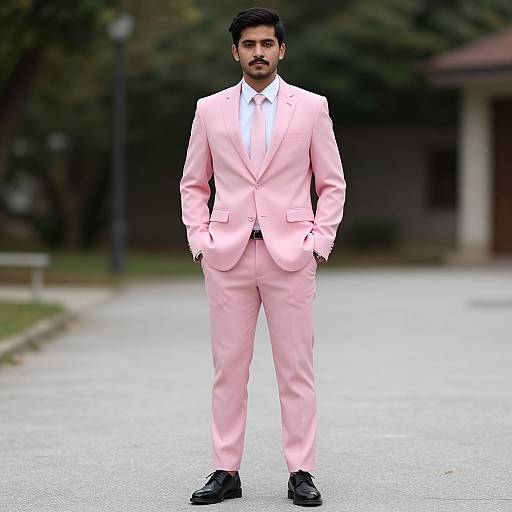 Photograph of a bearded man in a pink suit, white shirt, black shoes, standing confidently on a suburban street.