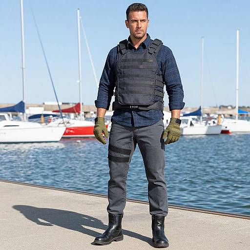 Photograph of a serious, muscular man in tactical gear, green gloves, black boots, standing on a dock with a marina and boats in the