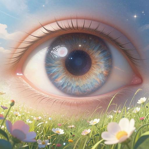 Hyper-realistic digital close-up of a vibrant blue and green iris with detailed lashes, set in a sunlit meadow of white daisies.