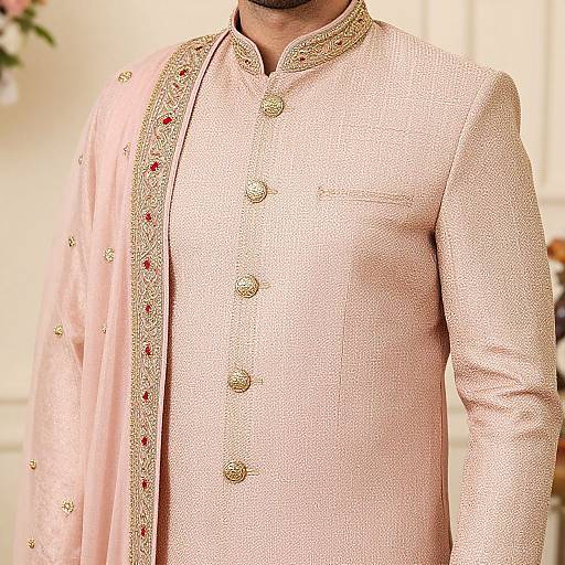 Photograph of a man wearing a pink traditional Indian sherwani with gold embroidery and buttons, cropped at the neck, in a brightly lit room.