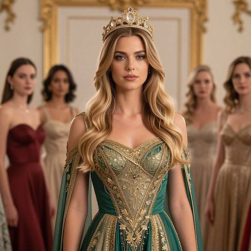 Regal Woman in Green and Gold Dress