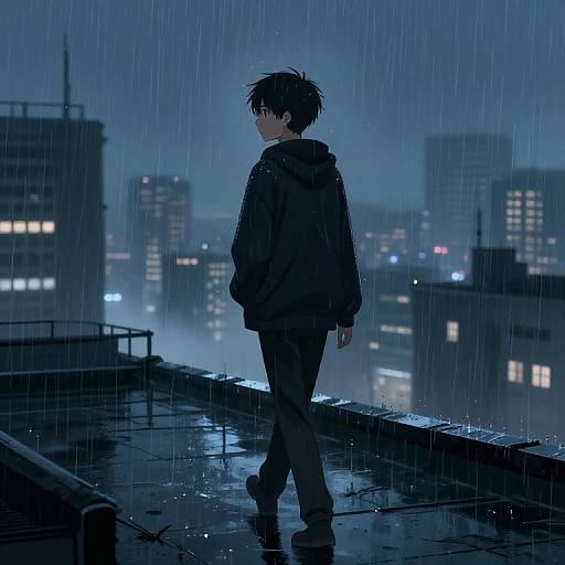 Anime-style digital artwork of a lone, rain-soaked boy in a black hoodie and pants, walking on a rooftop at night, with a cityscape