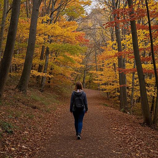Photograph of a person with brown hair, wearing a blue jacket, backpack, and jeans, walking down a leaf-covered forest path surrounded by vibrant autumn