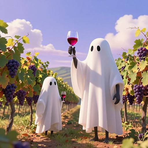 Digital illustration of two white ghost-like figures with black eyes, standing in a grapevine vineyard under a bright blue sky, holding glasses of red wine