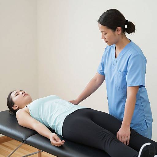 Photograph of a female massage therapist in light blue scrubs massaging a relaxed woman in a light blue top and black pants on a black massage table
