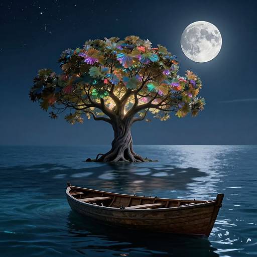 Dreamy night scene: glowing tree with multicolored flowers on calm sea, full moon above, small wooden boat in foreground.