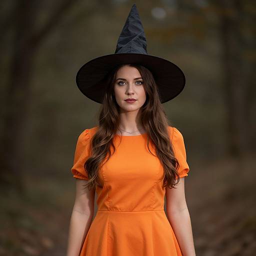 Photograph of a young woman with long brown hair, wearing an orange dress and black witch hat, standing in a blurred forest background.