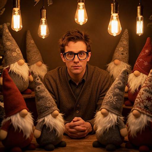 Photograph of a young man with short brown hair, glasses, and a brown knit sweater, surrounded by six decorative gnomes under warm, exposed