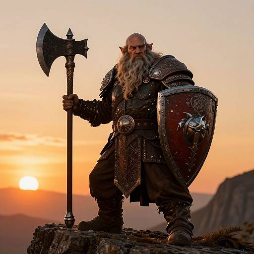 Photograph of a bearded, bald, muscular Viking warrior with pointed ears, holding an axe and shield, standing on a rock at sunset.