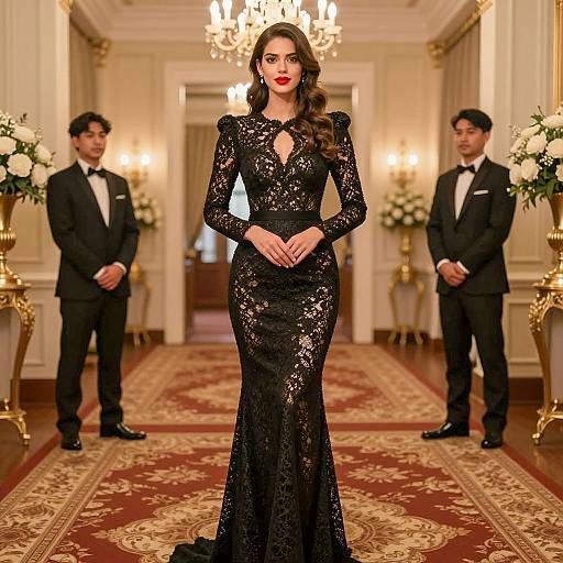 Elegant Woman in Black Lace Dress