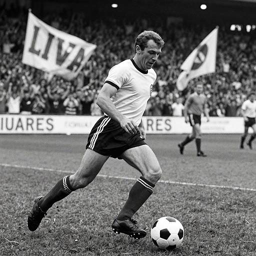 Black-and-white photograph of a male soccer player in mid-motion, wearing a white jersey and dark shorts, chasing a ball on a grass field with cheering
