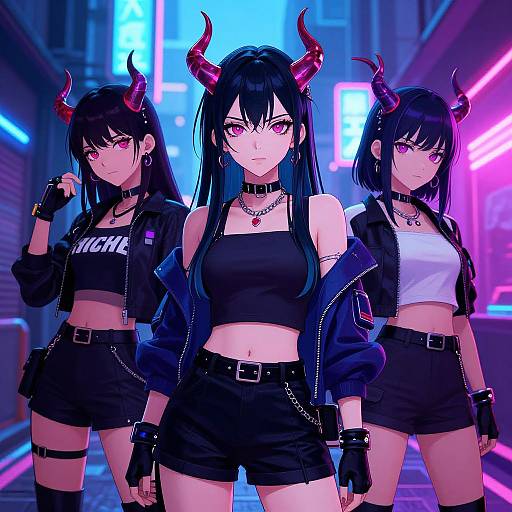 Digital anime artwork of three black-haired, pink-eyed demon girls with red horns, wearing black crop tops, shorts, and jackets, standing in a neon