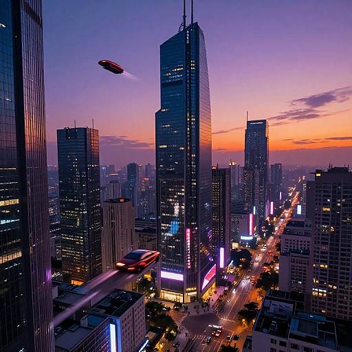 Photograph of a vibrant, dusk-lit city skyline with tall skyscrapers, neon lights, a flying drone, and a speeding red bus on