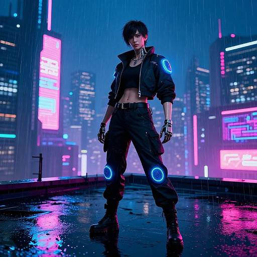 Cyberpunk cityscape at night; rain-soaked street, neon lights, female character with short black hair, black crop top, pants, jacket