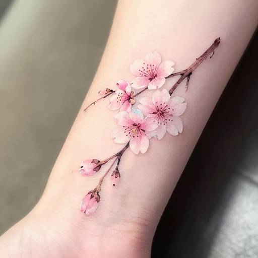 Photograph of a delicate pink cherry blossom tattoo with brown branches on a pale skin wrist, set against a blurred dark background.