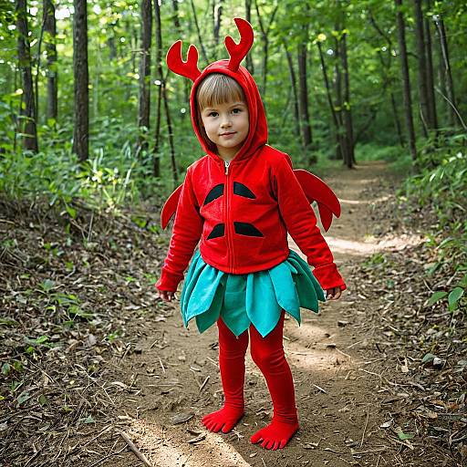 Child in Red Lobster Costume in Forest