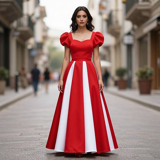 Photograph of a dark-haired woman in a red and white striped, puffy-sleeved, floor-length dress standing on a blurred, cobble