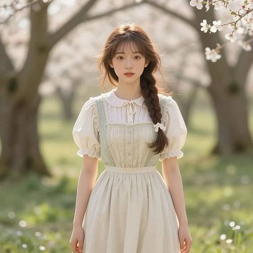 Photograph of a young woman with fair skin and long brown hair in a braid, wearing a white puffed-sleeve dress with green suspend