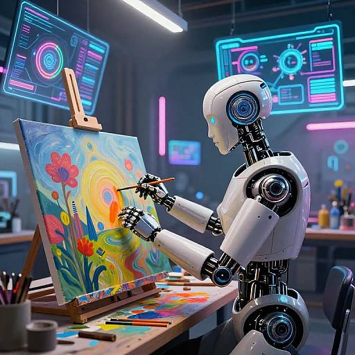 A futuristic robot artist paints vibrant flowers on a canvas in a neon-lit studio, surrounded by glowing digital screens.