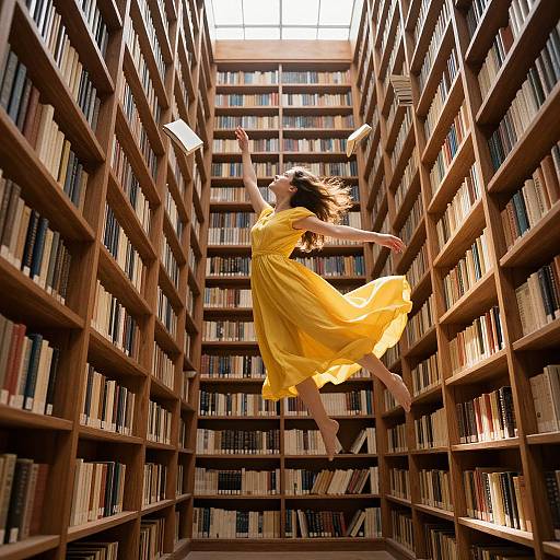 Photograph of a woman in a flowing yellow dress leaping joyfully between tall wooden bookshelves in a brightly lit library.