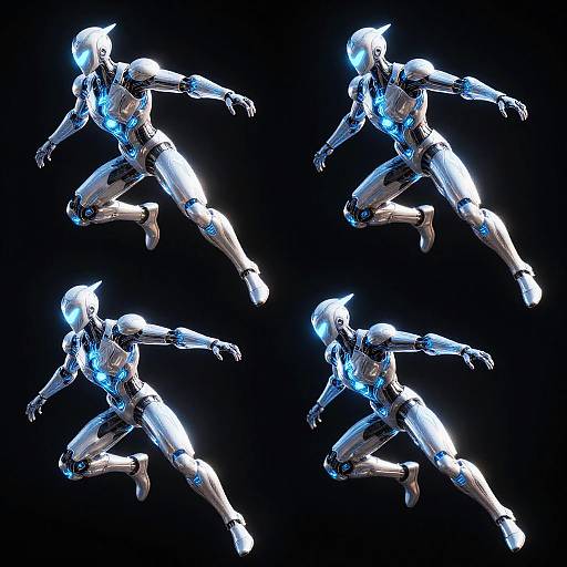 CGI image of four glowing blue and white robotic humanoid figures in dynamic mid-air poses against a black background.