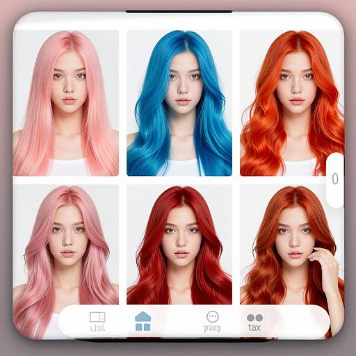 Photorealistic digital image of six women with different long hair colors: pink, blue, red-orange, pink, red, and red-orange, against