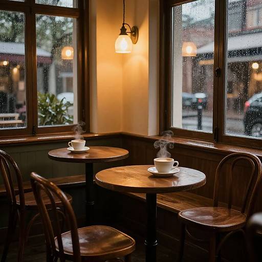 Photograph of a cozy, wooden café corner with two round tables, white steaming cups, wooden chairs, warm light, and rainy window view.