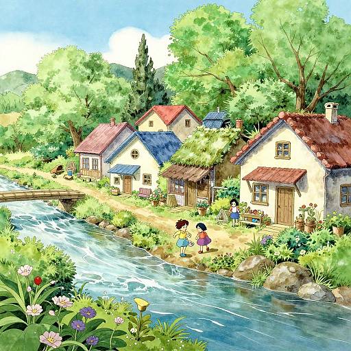 Colorful digital illustration of a serene village with charming cottages, a flowing river, lush greenery, and children playing near a flower-filled bank.
