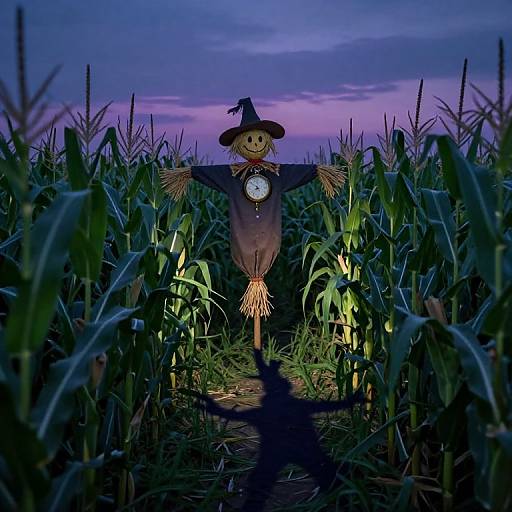 Photograph of a scarecrow with a witch hat, smiling face, and clock, standing in a dark cornfield at twilight.