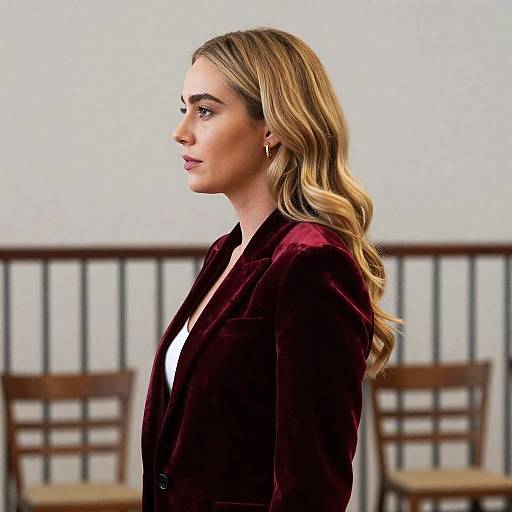 Elegant Blonde in Red Velvet Blazer