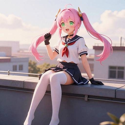 Playful School Rooftop Girl at Golden Hour