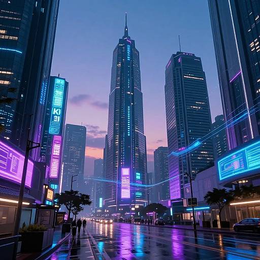 Photograph of a futuristic, neon-lit city street at dusk, featuring towering skyscrapers with vibrant blue, purple, and pink lights, reflecting
