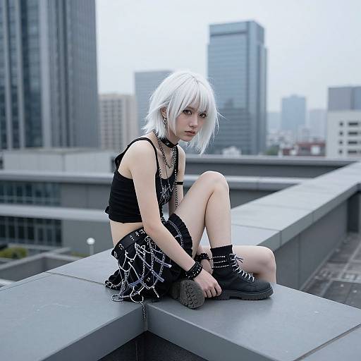 Photograph of a pale-skinned, white-haired goth girl in black crop top, chain skirt, and spiked boots, sitting on urban rooftop.