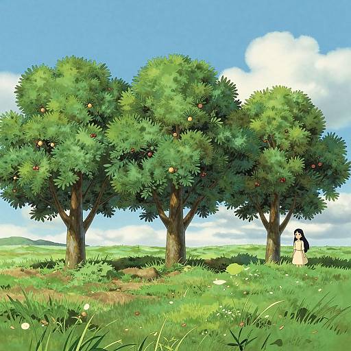 Ghibli Style Field with Fruit Trees