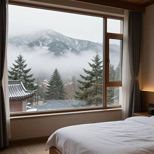 Rustic Buddhist Temple Room with Mountain View