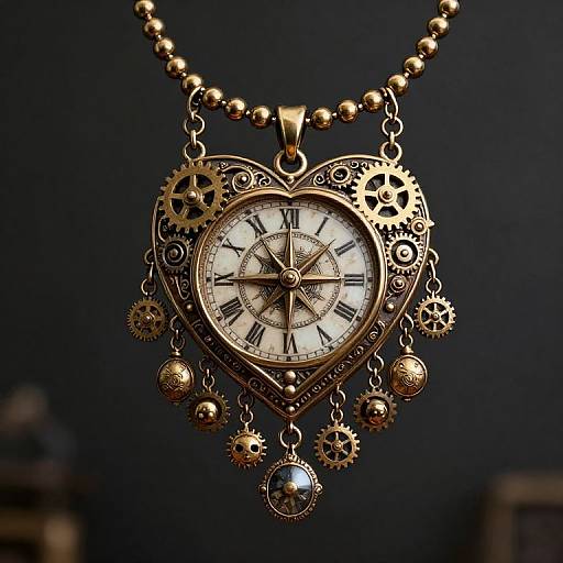 Photograph of a steampunk-style pendant featuring a heart-shaped clock with Roman numerals, surrounded by gears and beads, on a beaded chain