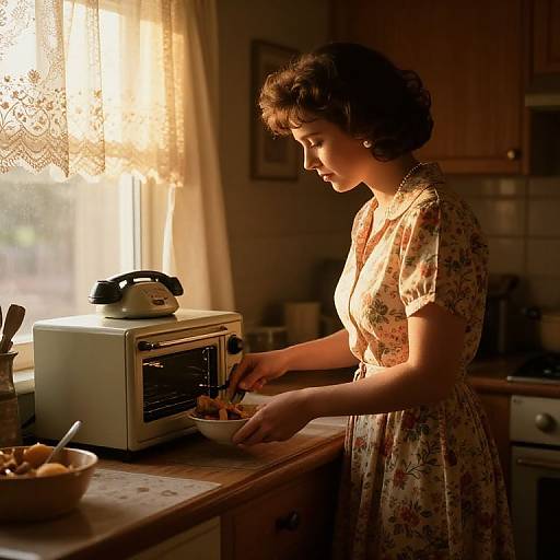 1980s Housewife Cooking in Cozy Kitchen