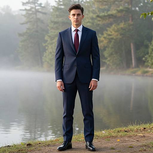 Photograph of a young man in a dark navy suit with white shirt and red tie, standing on a grassy lakeside, misty forest background