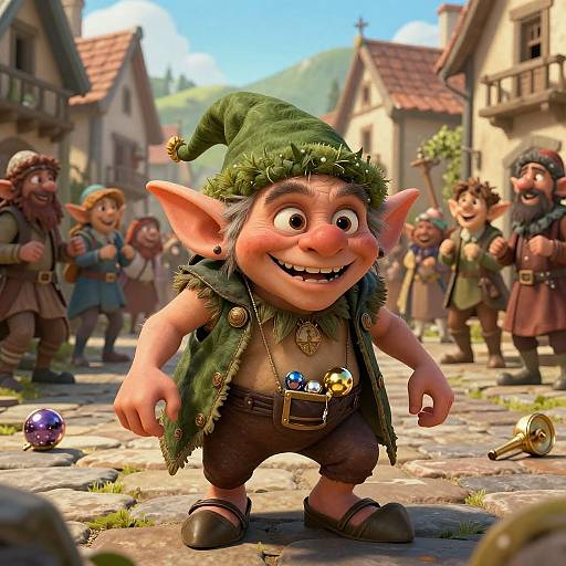 CGI cartoon of a happy, chubby, pink-skinned goblin with large ears, green hat, and tunic, standing in a medieval village