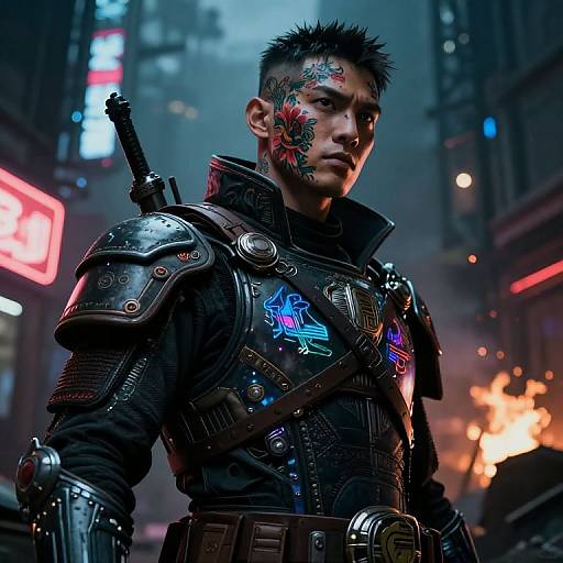 Cyberpunk warrior with spiked black hair, neon tattoos, and futuristic armor stands in a neon-lit, dystopian city street at night. Digital
