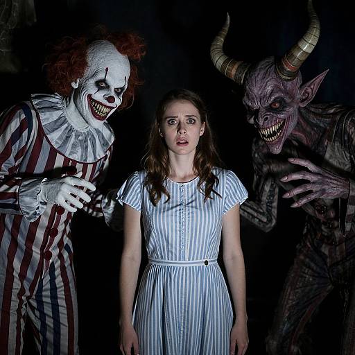 Photograph: Scared young woman in white striped dress stands between two menacing clowns and a horned demon against dark background.