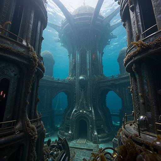 Photorealistic digital artwork of an underwater, futuristic cathedral with intricate, towering architecture, illuminated by sunlight filtering through the water.